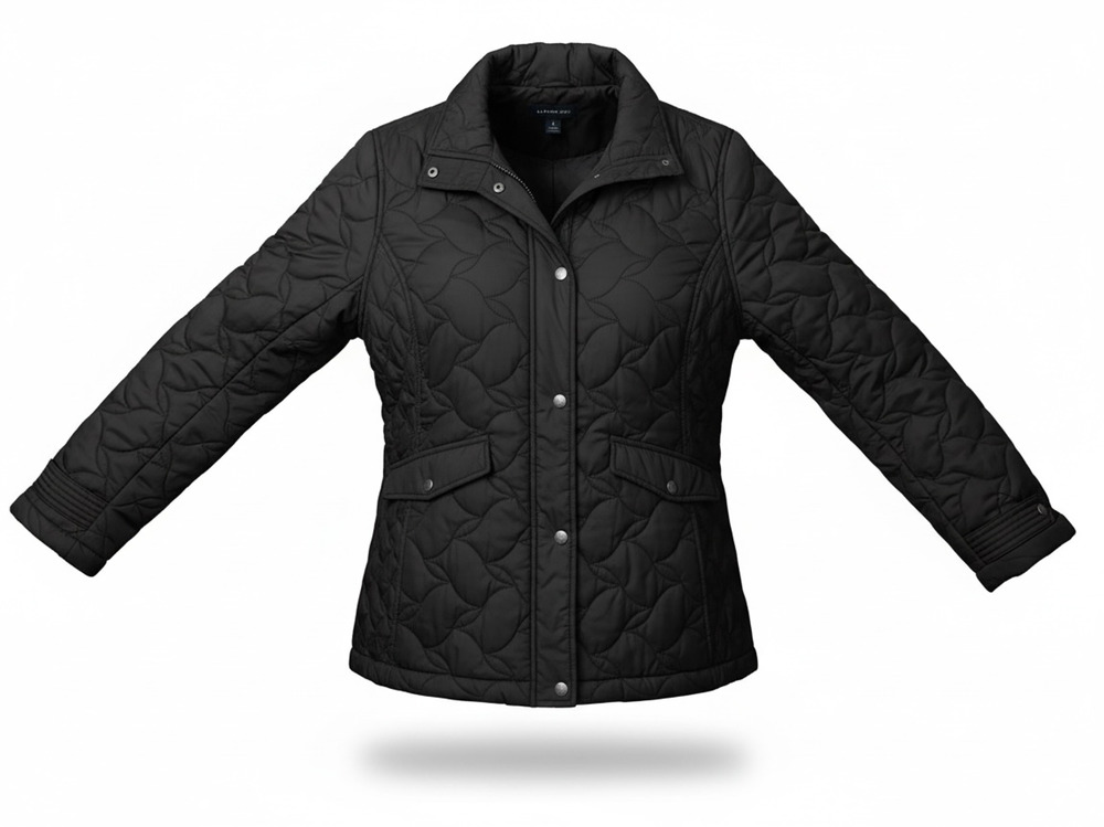 Lands End Womens L 14-16 Black Quilted Jacket Snap Front Lightweight Coat